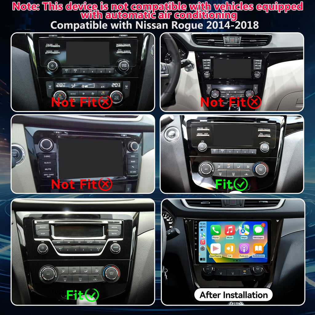 Android 14 Car Stereo Radio Compatible with Nissan Rogue 2014 2015 2016 2017 2018 Manual AC Wireless CarPlay & Android Auto AHD Backup Camera Upgrade 10.1" Touch Screen GPS SWC WiFi Bluetooth 2+64G