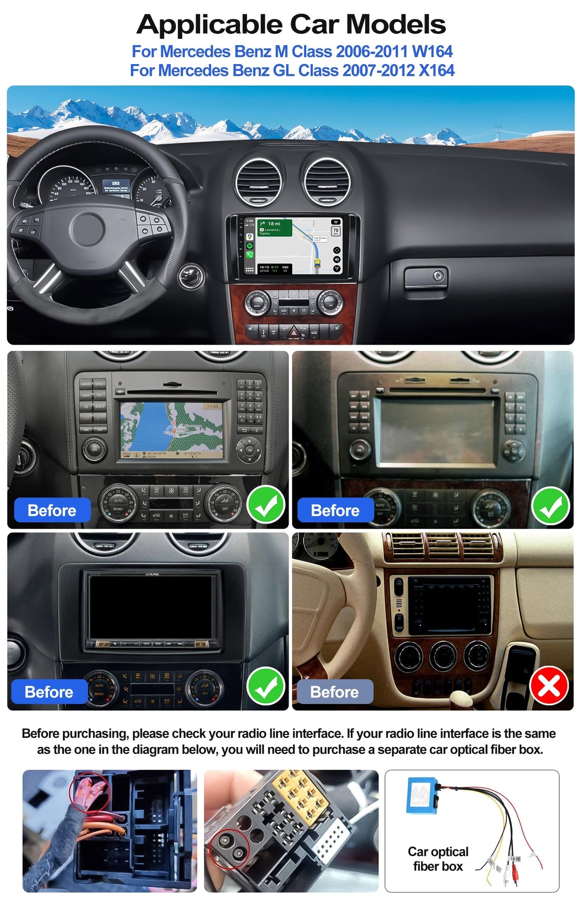 4G+128G Car Radio Stereo for Mercedes Benz ML GL Class W164 X164 ML350 GL450 2005-2011, Wireless CarPlay Android Auto 9” in-Cell 1280*720 Touch Screen Head Unit with GPS WIFI Bluetooth Backup Camera