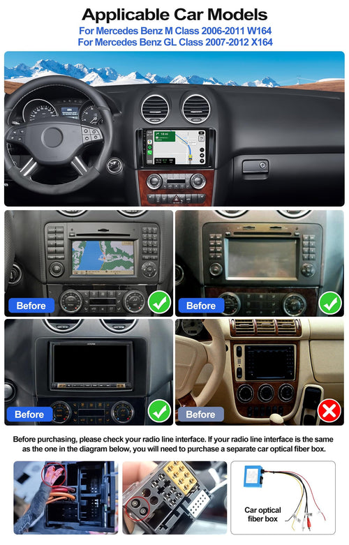 4G+128G Car Radio Stereo for Mercedes Benz ML GL Class W164 X164 ML350 GL450 2005-2011, Wireless CarPlay Android Auto 9” in-Cell 1280*720 Touch Screen Head Unit with GPS WIFI Bluetooth Backup Camera