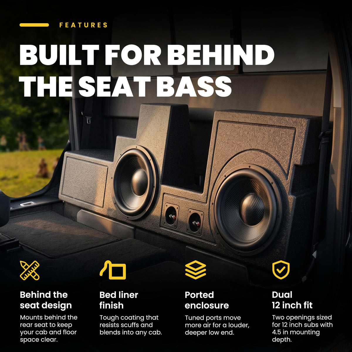 Q Power Dual 12" Behind-Seat Ported Subwoofer Box for Ford Super Duty