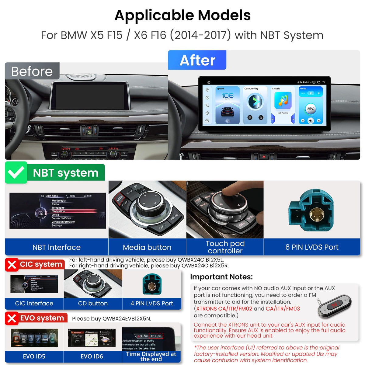 XTRONS Qualcomm 685 Android 14 Car Stereo for BMW X5 F15 / X6 F16 (2014-2017) with NBT System, 12.3 Inch 2K IPS Touch Screen GPS Navigation Support Wireless CarPlay Android Auto (8+256G)