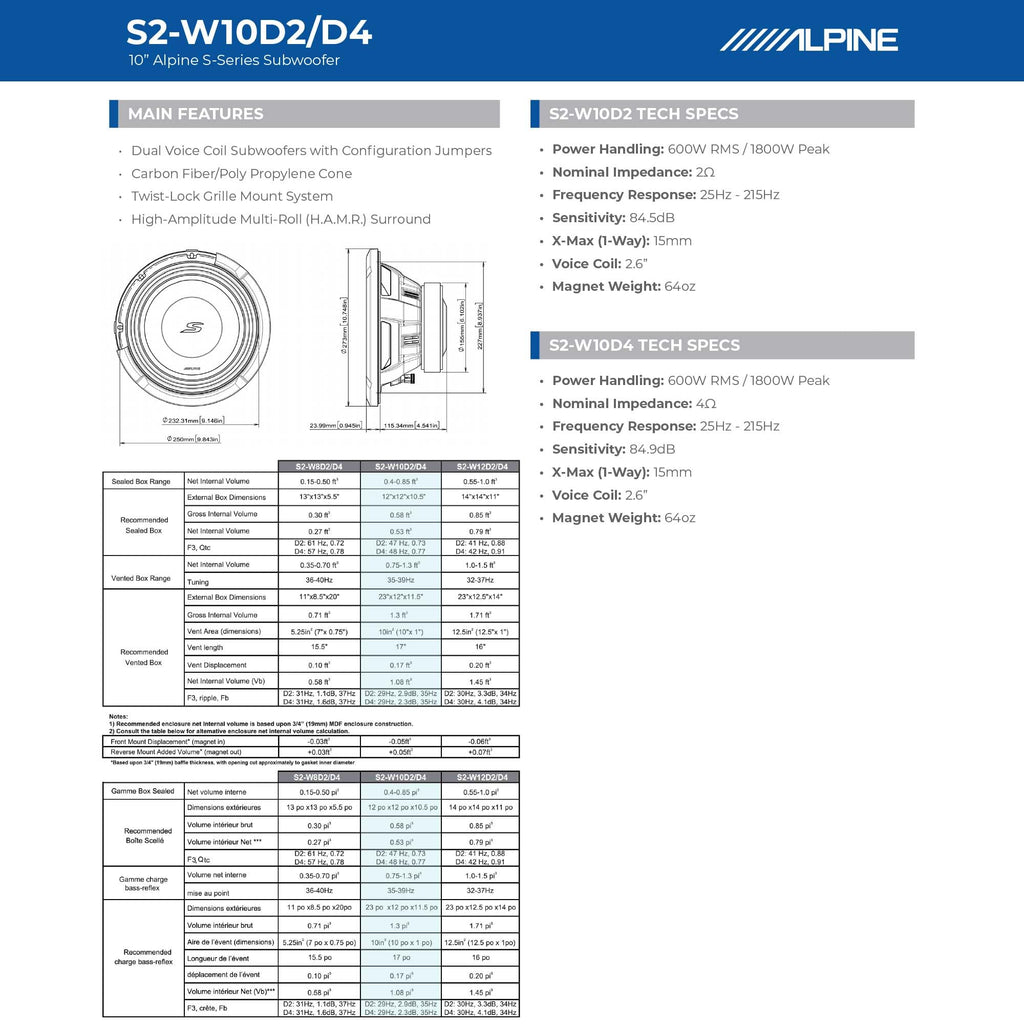 Alpine S2-W10D2 10" S-Series Dual 2-Ohm Car Subwoofer, 1800W Max, 600W RMS