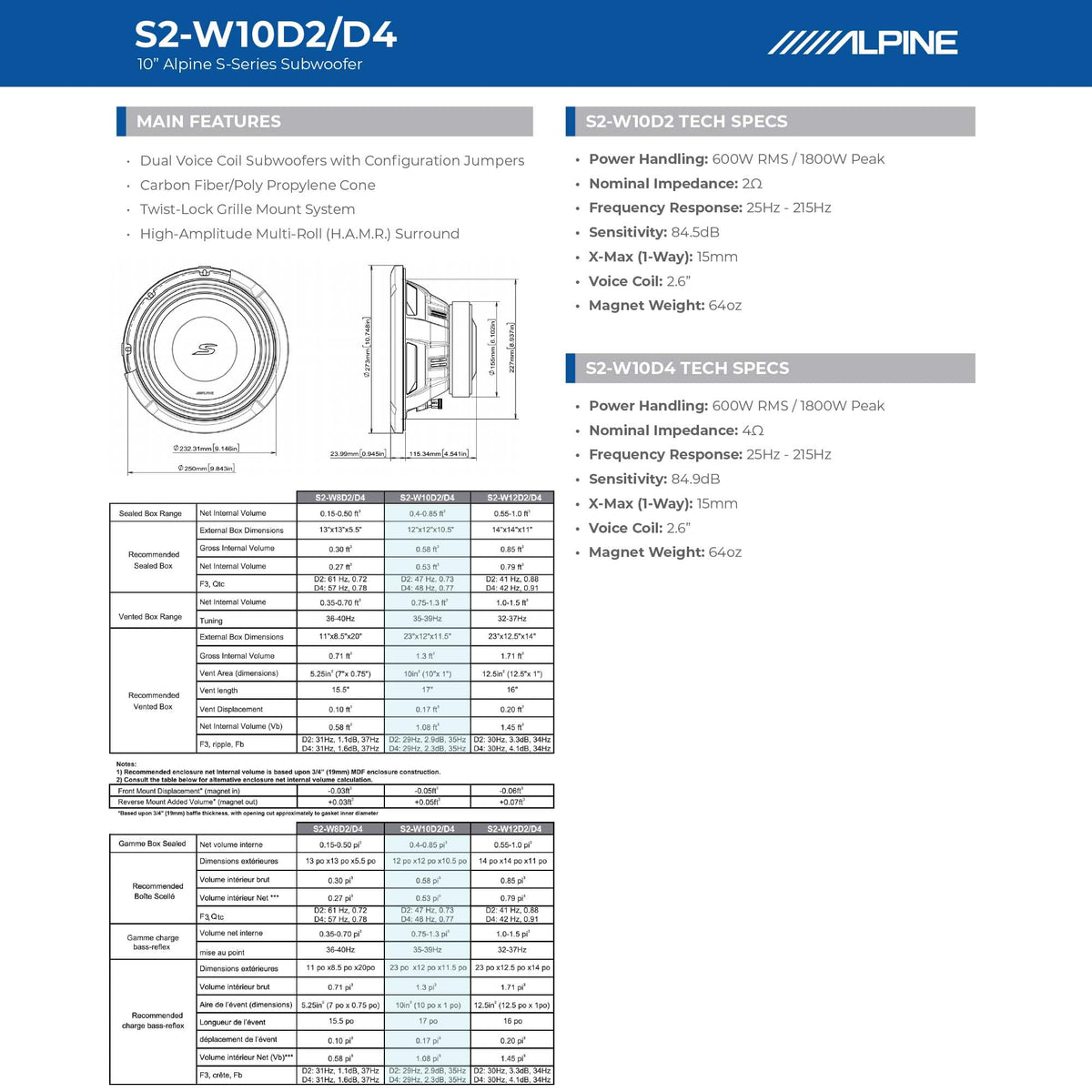 Alpine S2-W10D2 10" S-Series Dual 2-Ohm Car Subwoofer, 1800W Max, 600W RMS