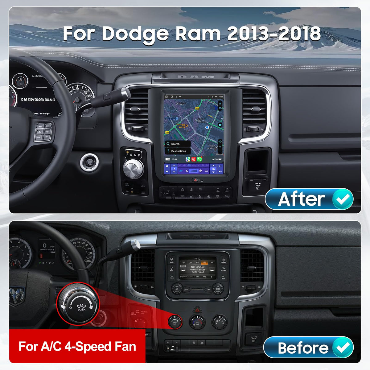 10.4" Car Radio Upgrade Dash Kit for Dodge Ram 2013-2018 1500 2500 3500,Android 13 8Core 4+64GB Wireless CarPlay Android Auto WiFi/Bluetooth5.0/GPS/DSP/SWC/1080P Rear Camera【for A/C 4-Speed Fan】