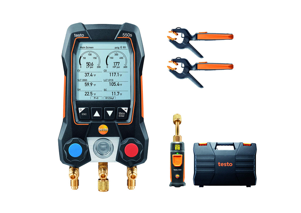 testo 550s AC Manifold Gauge Set – Manifold Gauges HVAC – Incl. 2 Wired Temperature Clamp Probes – Recharge Kit with Superheat, Subcooling For AC, Refrigeration & Heat Pumps – Bluetooth