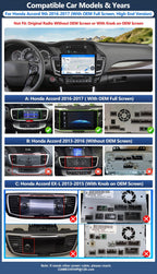 Car Radio Stereo for Honda Accord 2016-2017 (for Full OEM Screen) with Wireless CarPlay Android Auto/Android 15/10 inch 1280 * 720 IPS Touch Screen/GPS/32EQ/Bluetooth 5.0/Backup Camera/2G+64G