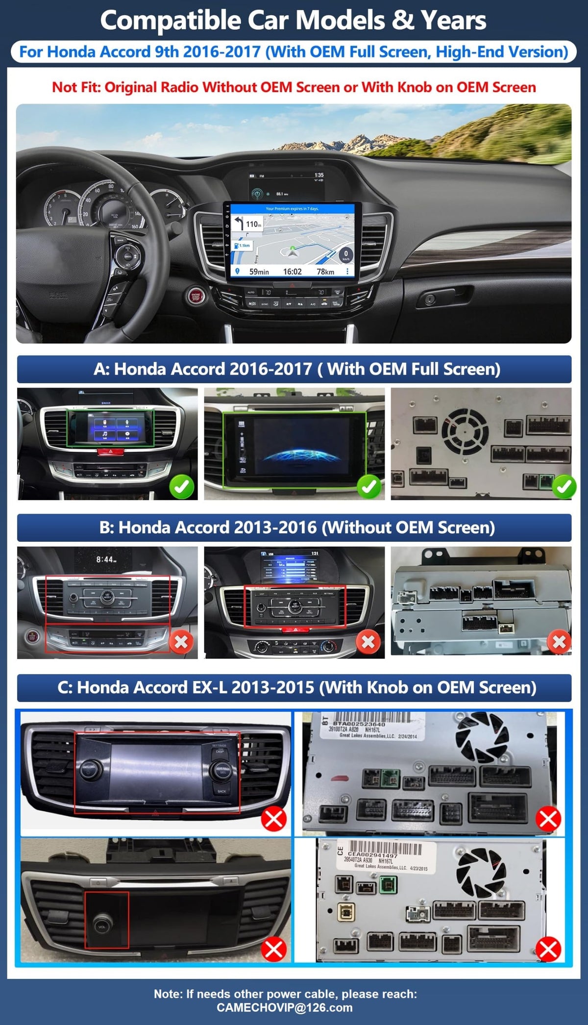 Car Radio Stereo for Honda Accord 2016-2017 (for Full OEM Screen) with Wireless CarPlay Android Auto/Android 15/10 inch 1280 * 720 IPS Touch Screen/GPS/32EQ/Bluetooth 5.0/Backup Camera/2G+64G