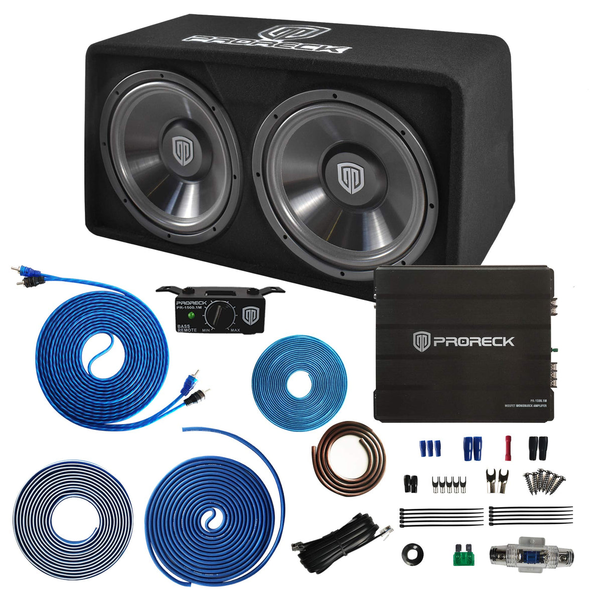 PRORECK PR-122M 1500W Dual 12" Car Subwoofer Enclosure Audio with Subwoofer，Mono Block Amplifier and Wiring Installation Kit