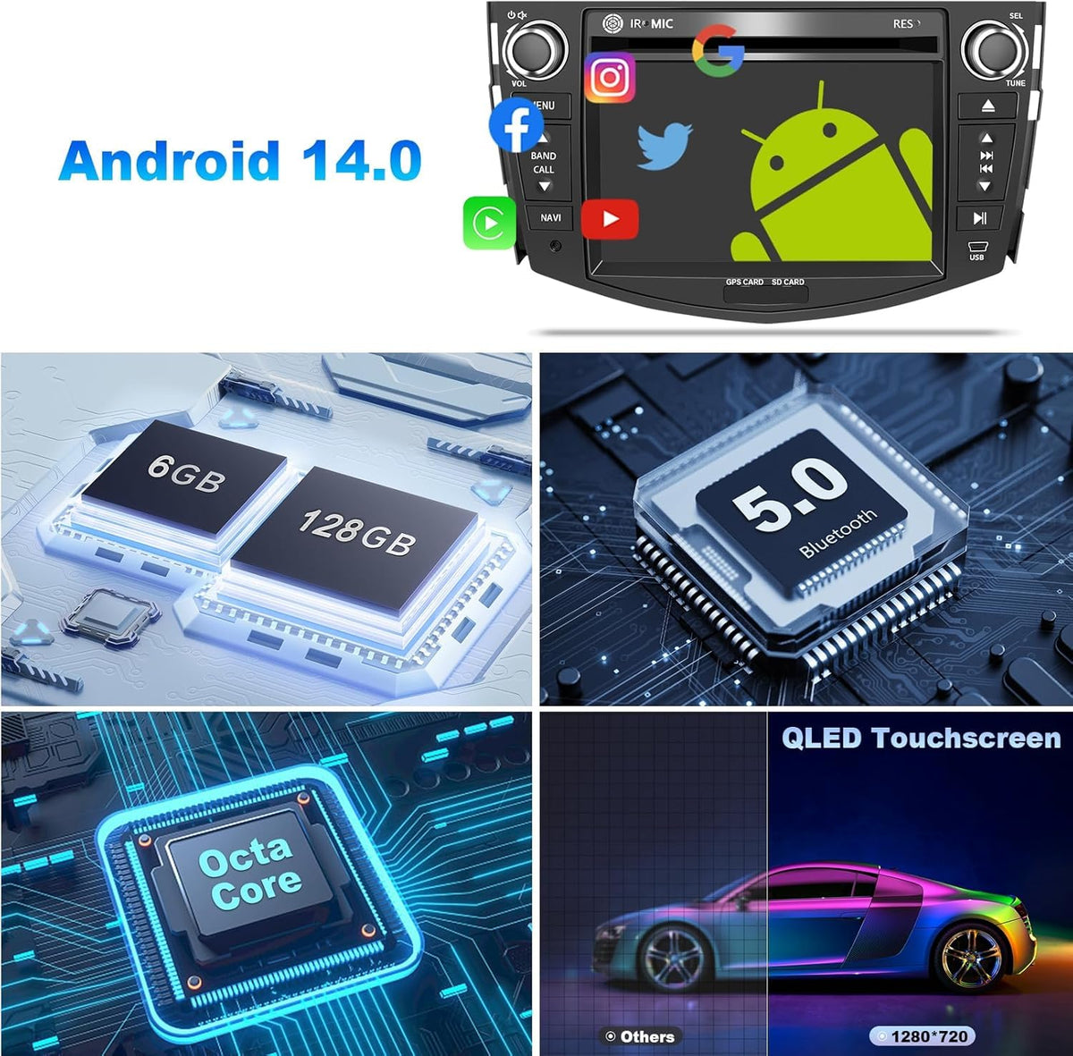 Car Radio for Toyota RAV4 2006-2012 7" QLED IPS CarPlay Android Auto Stereo DVD Player GPS Navigation with Bluetooth SWC 4G/WiFi FM/AM RDS (Octa-core CPU, 6GB RAM+128GB ROM)