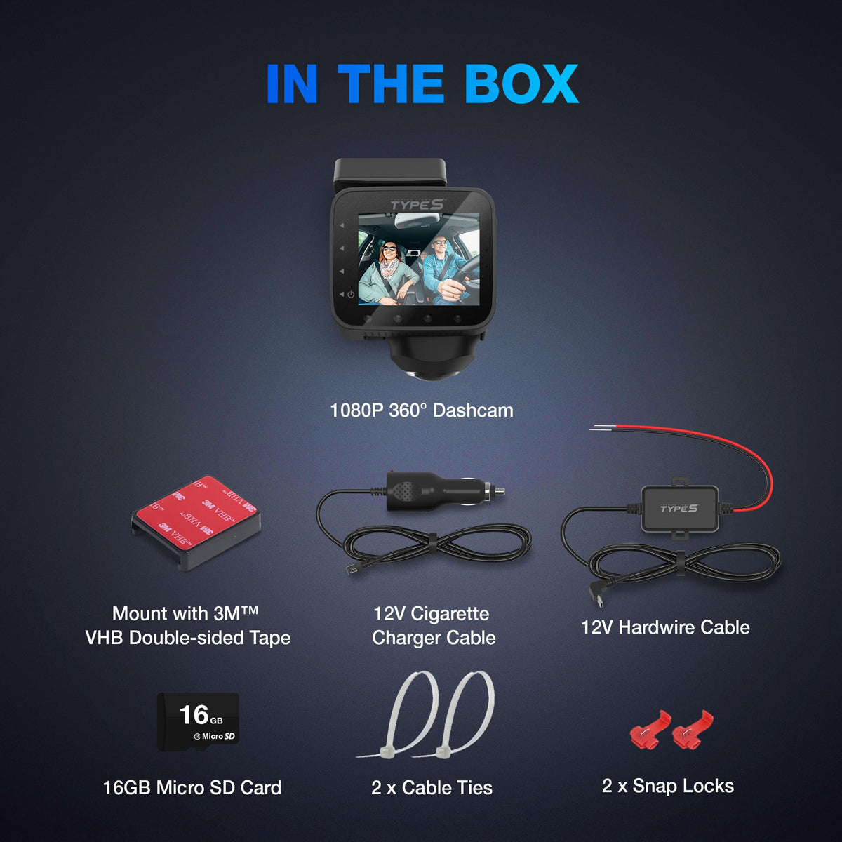 Type S P100 Smart 360° Dash Camera Front & Inside, Parking Surveillance, 1080P Blind Side Coverage, VR 360 Video Recording Mode, Automatic Night Vision, Uber Lyft, SD Card Included