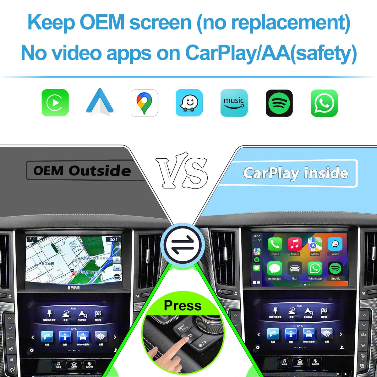 CarPlay & Android Auto for Infiniti Q50 2015-2019, OEM Features Retained