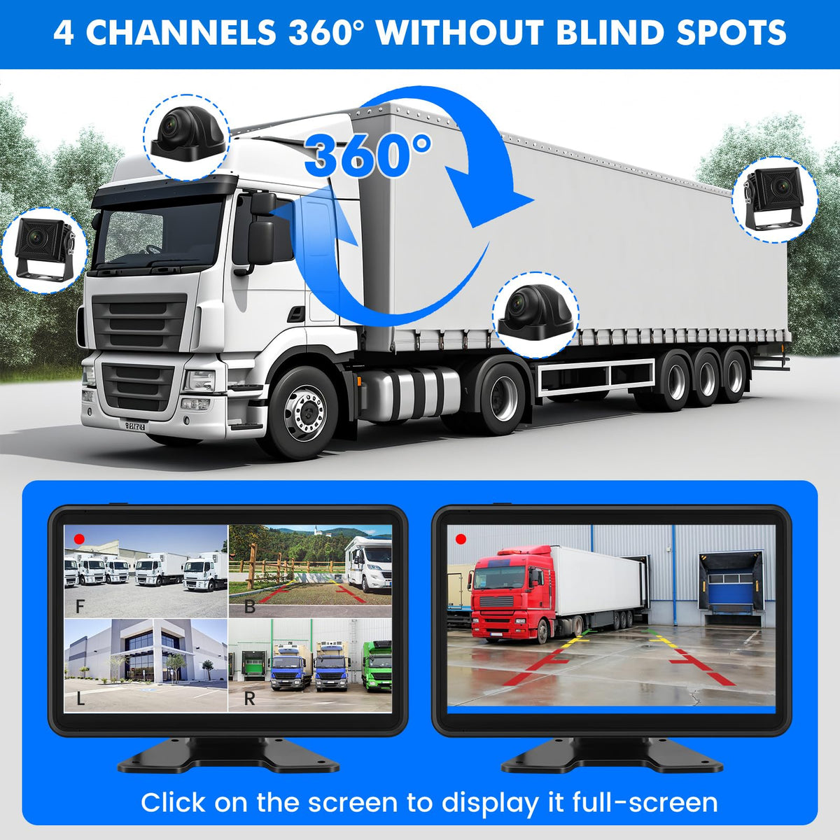 Wired Backup Camera System with 10.1" Touch Monitor, 4 HD 1080P Rear View& Side View Cameras, 4 Split Screen, Night Vision, IP68 Waterproof Back up Camera for Truck/RV/Trailer/Bus/Tractor..