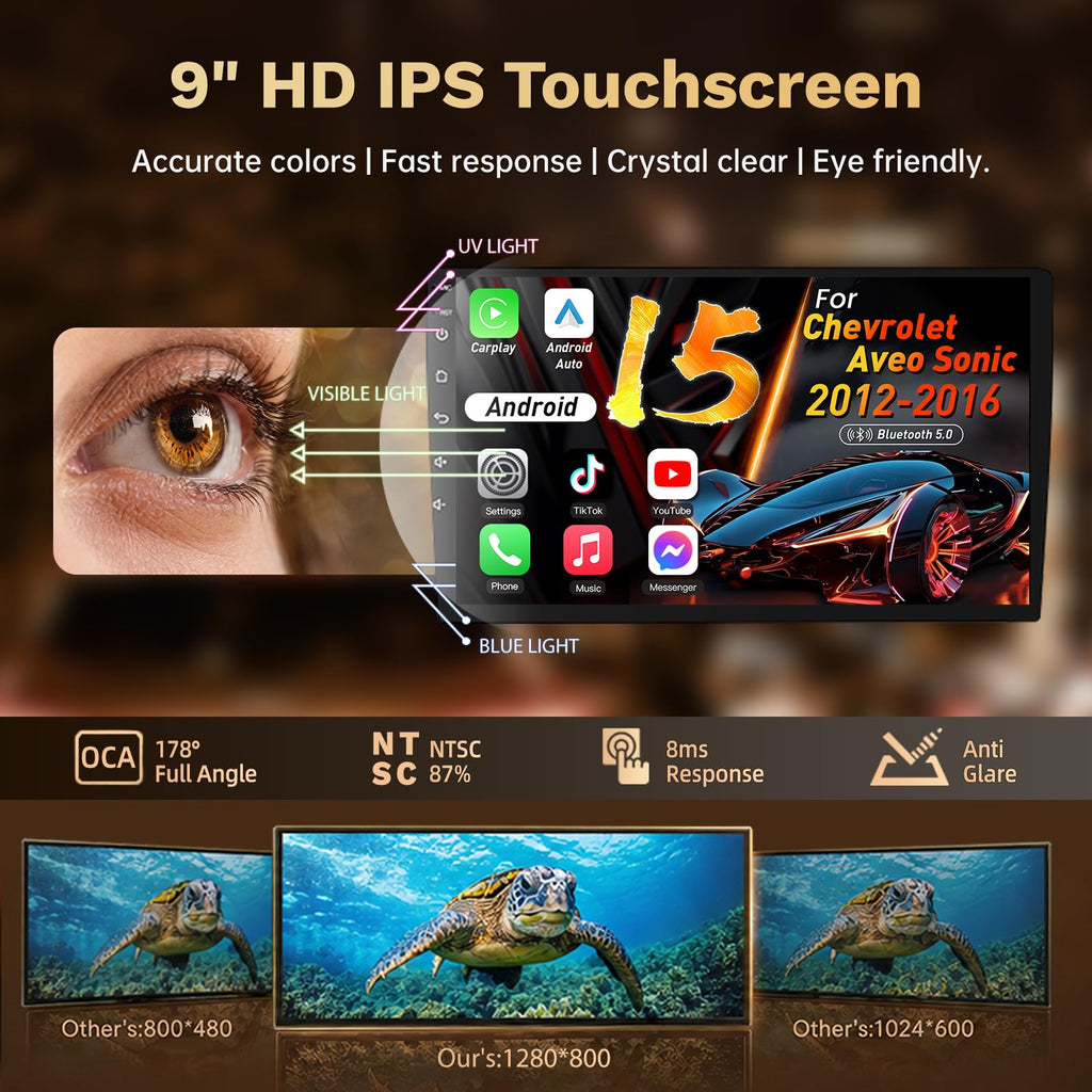 8Core 4+64GB Android 15 Radio for Chevy Sonic Aveo 2012-2016: 9 Inch 1280 * 800 IPS Touch Screen with Wireless Carplay Android Auto 5G WiFi Bluetooth 1080P Backup Camera GPS Navigation SWC FM/AM/DSP