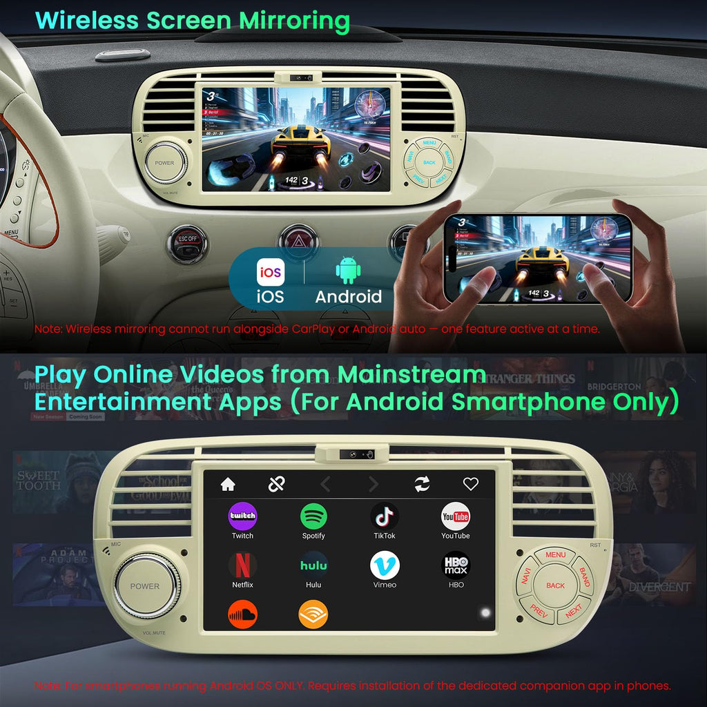 XTRONS 7" Car Stereo for Fiat 500 2007-2015, Wireless CarPlay, DSP(Cream)