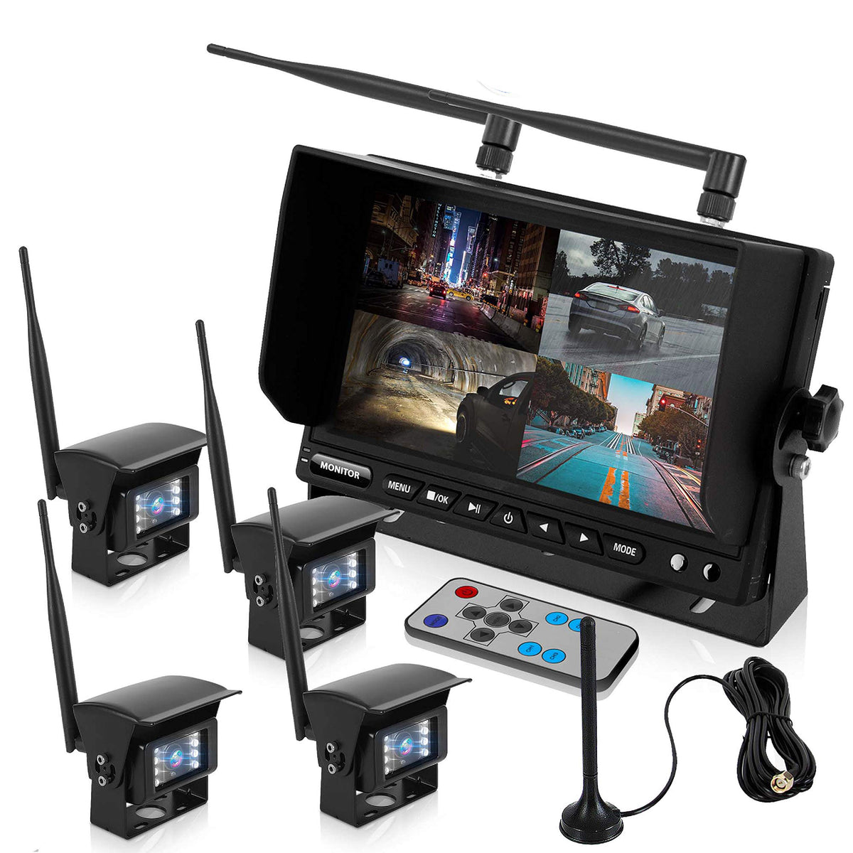 Pyle Wireless Backup Rearview Dash Camera - Waterproof Car Parking Rear View Reverse Safety Vehicle Monitor System W/Quad View 7” Video LCD, DVR Recording, Night Vision - Remote Control - PLCMTR83QIR