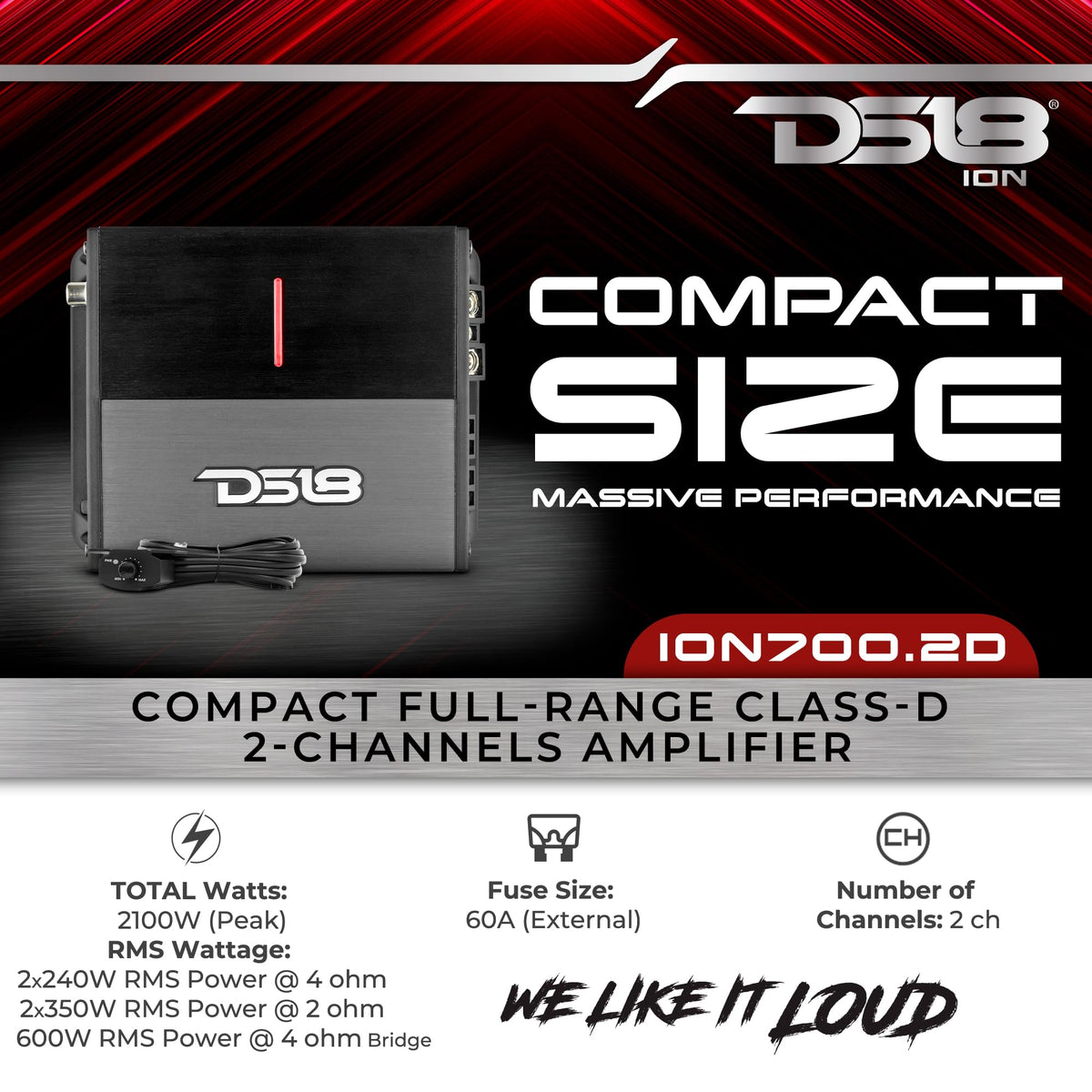 DS18 ION700.2D 2-Channel Amplifier Full Range 2 x 350W RMS @ 2-Ohm Class D, Compact Design, Digital 2 Channel Car Amplifier, Miniature Size, Remote Subwoofer Level Control Included (Renewed)