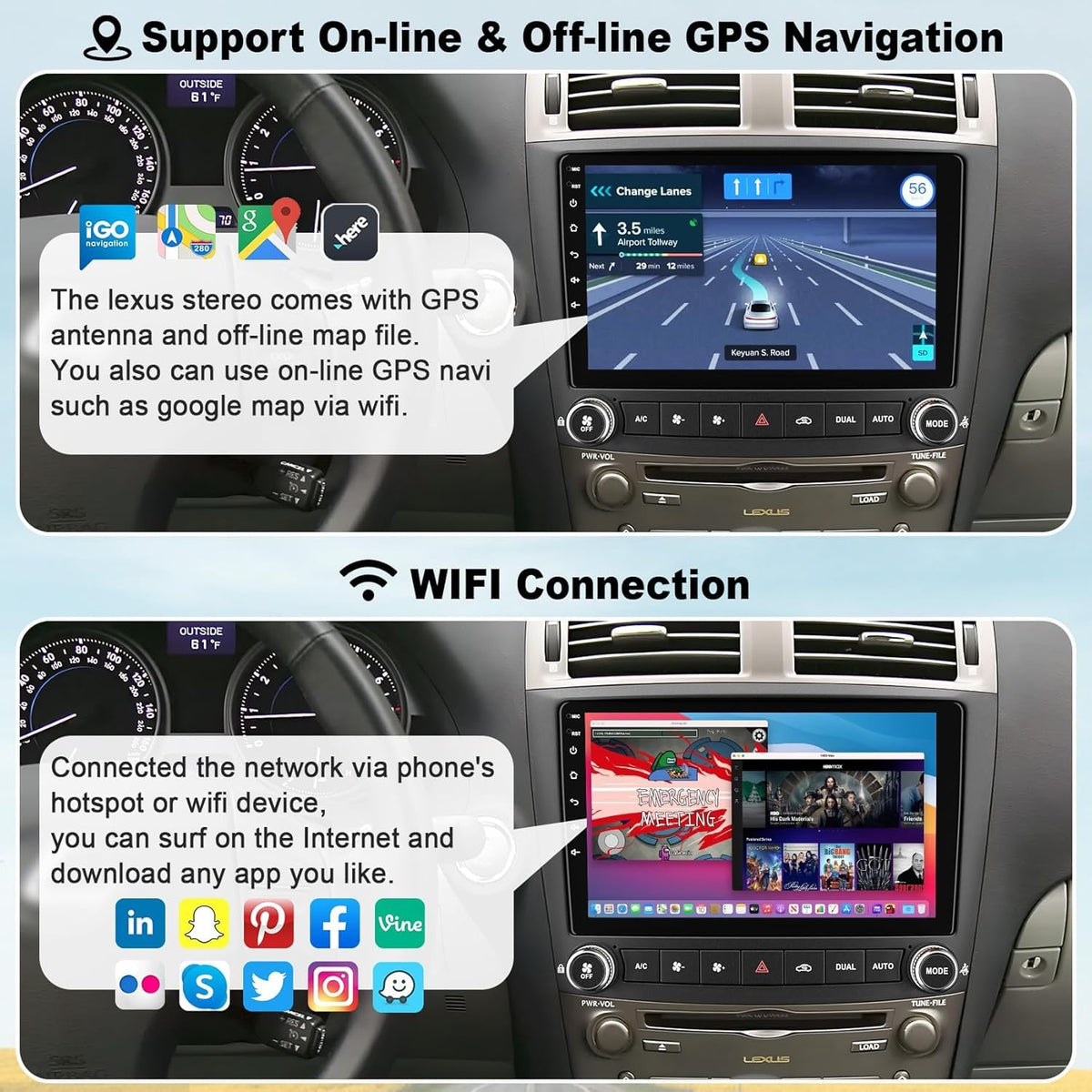 Car Radio Stereo for Lexus IS250 IS350 2006 2007 2008 2009 2010 2011 2012,10" QLED Touchscreen with Wireless CarPlay & Android Auto& Mirror Link,4G+64GB Fast Android 15 System