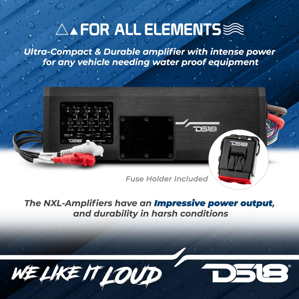 DS18 NXL-X1200.8D Marine & Powersports Amplifier 8 Channel Water Resistant IP67 Full Range Class D 8-Channel Car/Marine/Powersports/Motorcycle Digital Amplifier (Renewed)