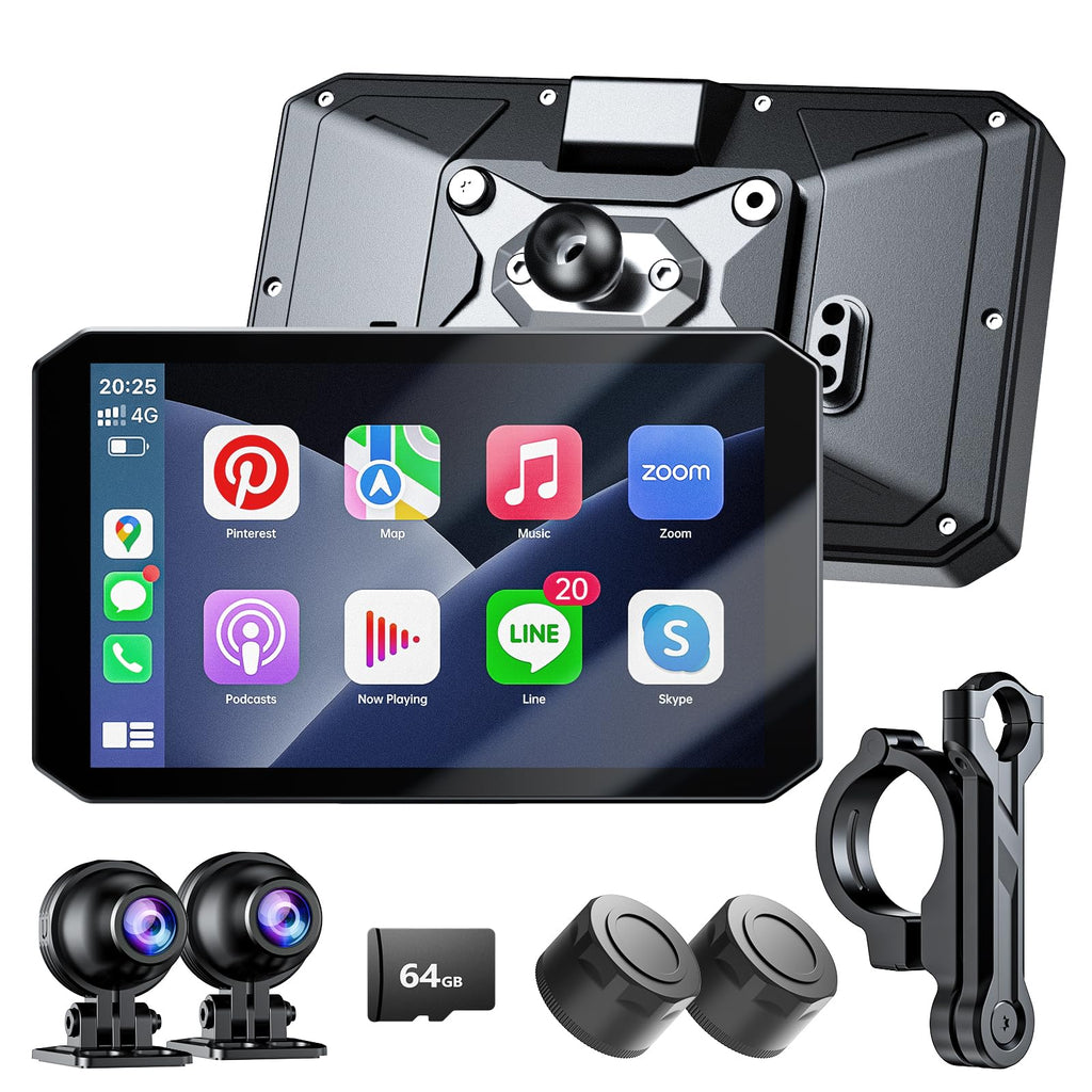 Y5 5" Motorcycle CarPlay Screen, Wireless Android Auto, Dual 1080P Motorcycle Dash Cam Front and Rear with TPMS, IP67 Waterproof, 5G Wi-Fi & App, 64GB Card Included, GPS, Parking Monitor, Night Vision
