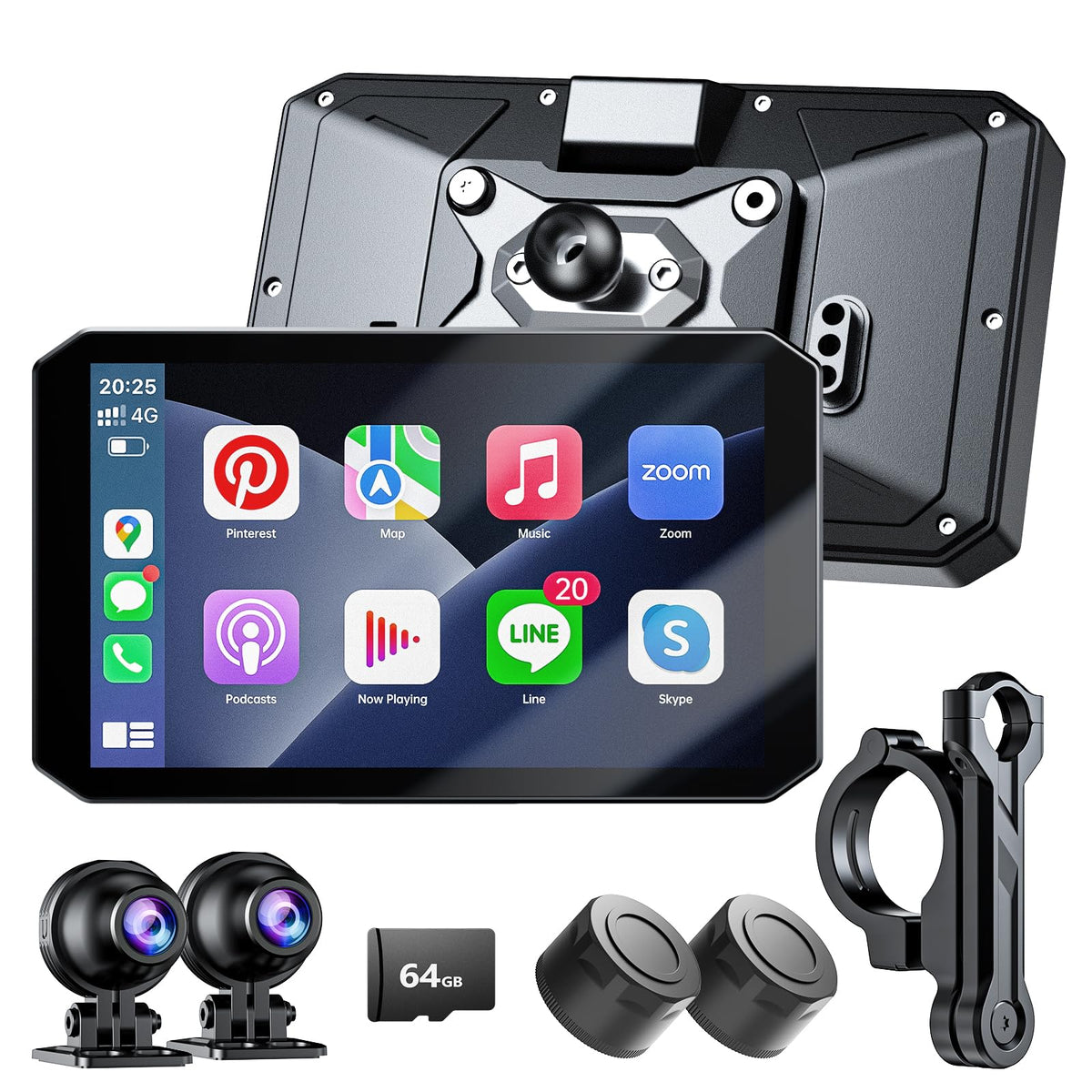 Y5 5" Motorcycle CarPlay Screen, Wireless Android Auto, Dual 1080P Motorcycle Dash Cam Front and Rear with TPMS, IP67 Waterproof, 5G Wi-Fi & App, 64GB Card Included, GPS, Parking Monitor, Night Vision