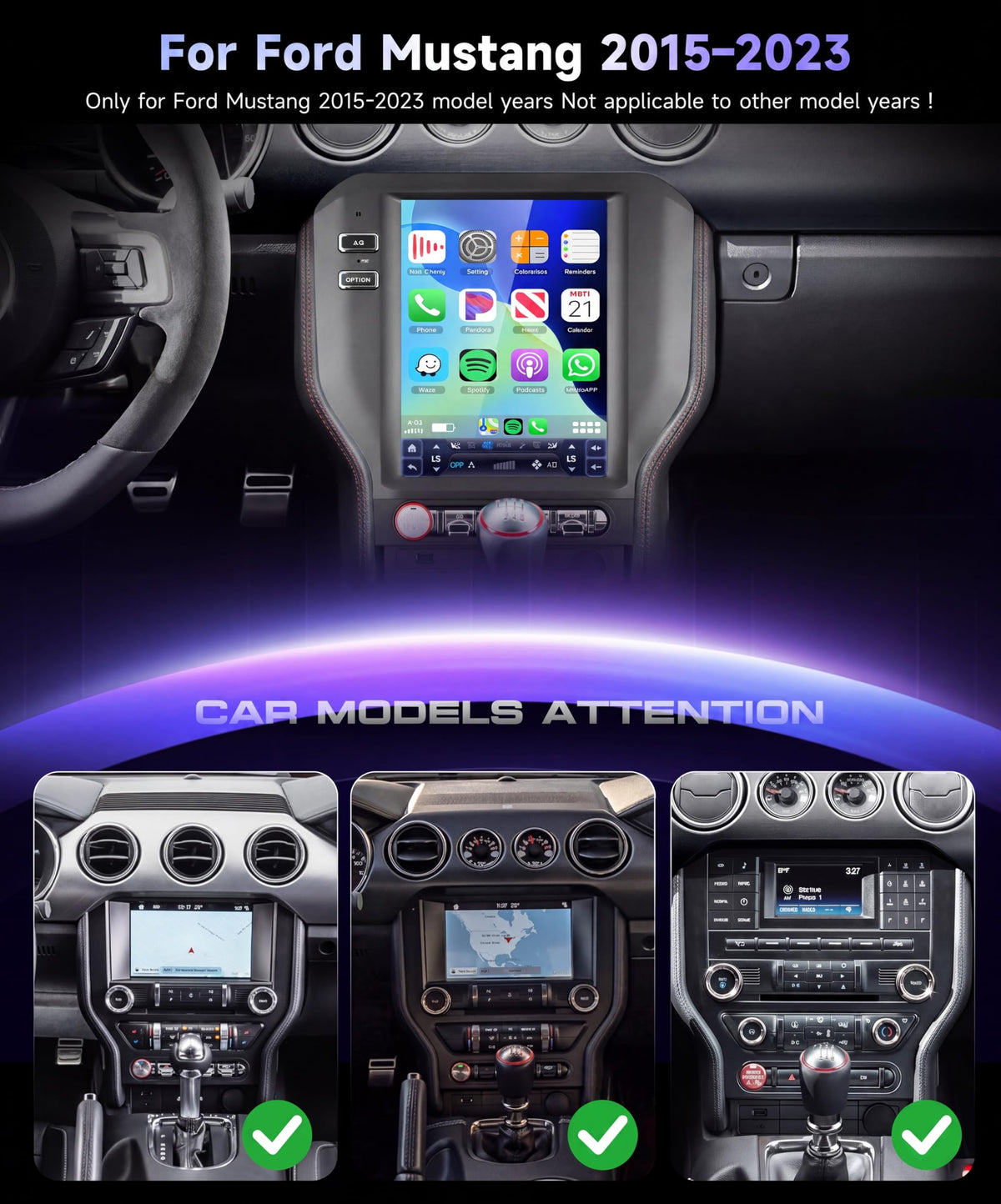8 Core+64G Car Radio for Ford Mustang 2015–2023 Upgrade Android 15 Tesla Style Vertical Car Stereo with IPS Touchcreen, Support Factory Cam with Wireless CarPlay & Android Auto Weather AM/FM/DSP WiFi