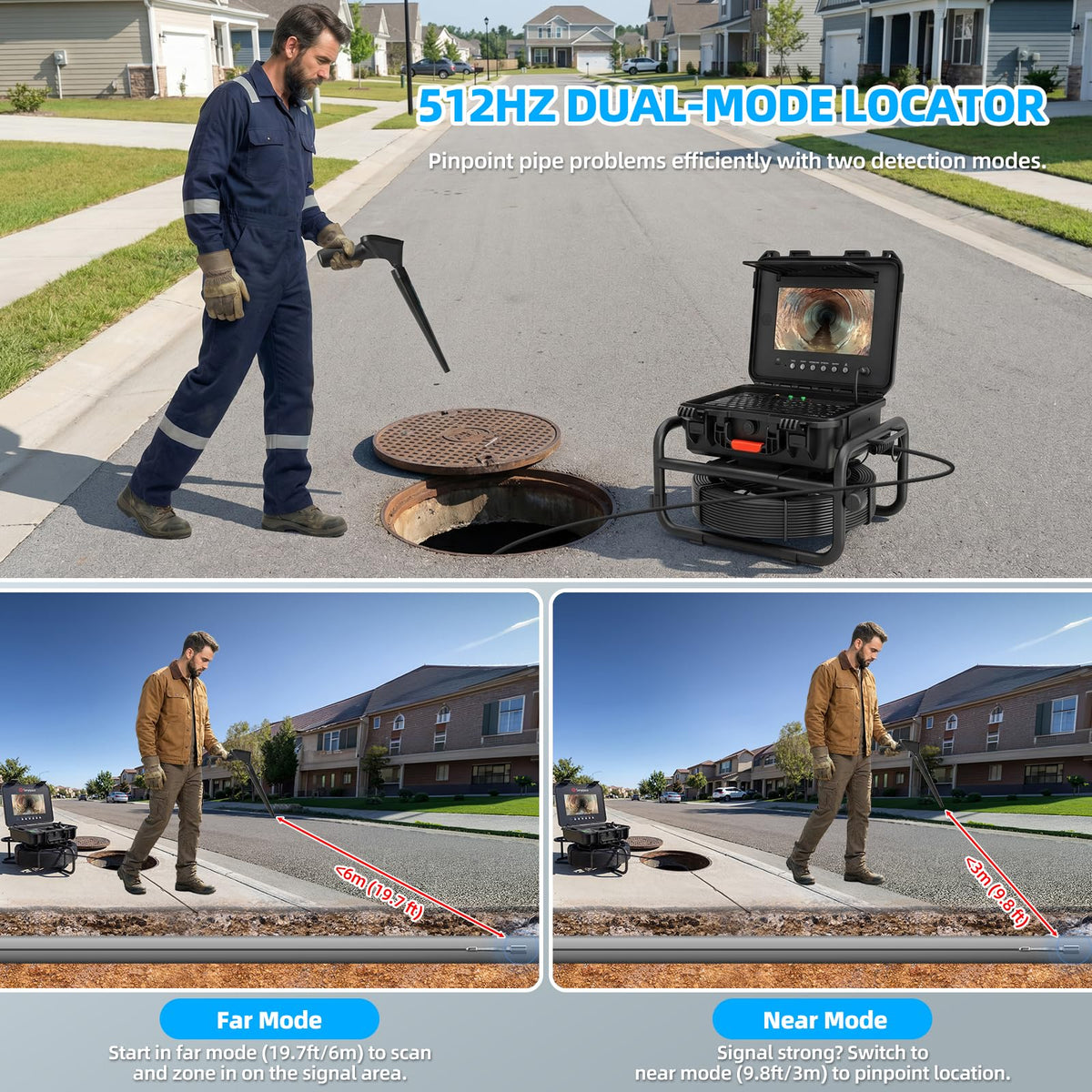 Sanyipace 512Hz Pipe Locator, Underground Pipe Detector with 3" Screen
