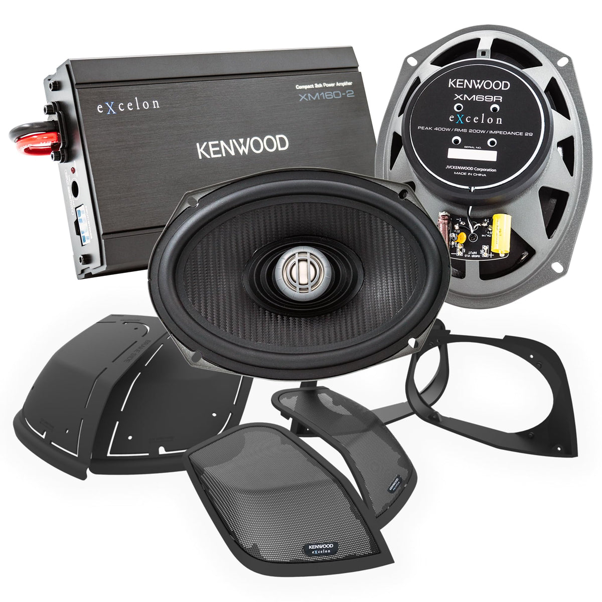Kenwood Excelon P-HD2R Rear Audio Package for Select 2014-Up Harley-Davidson Models - (1) XM160-2 Audio Amplifier, (2) 6"x9" Excelon XM69R Motorcycle Speaker Pair, Includes Mounting Plates & Grilles