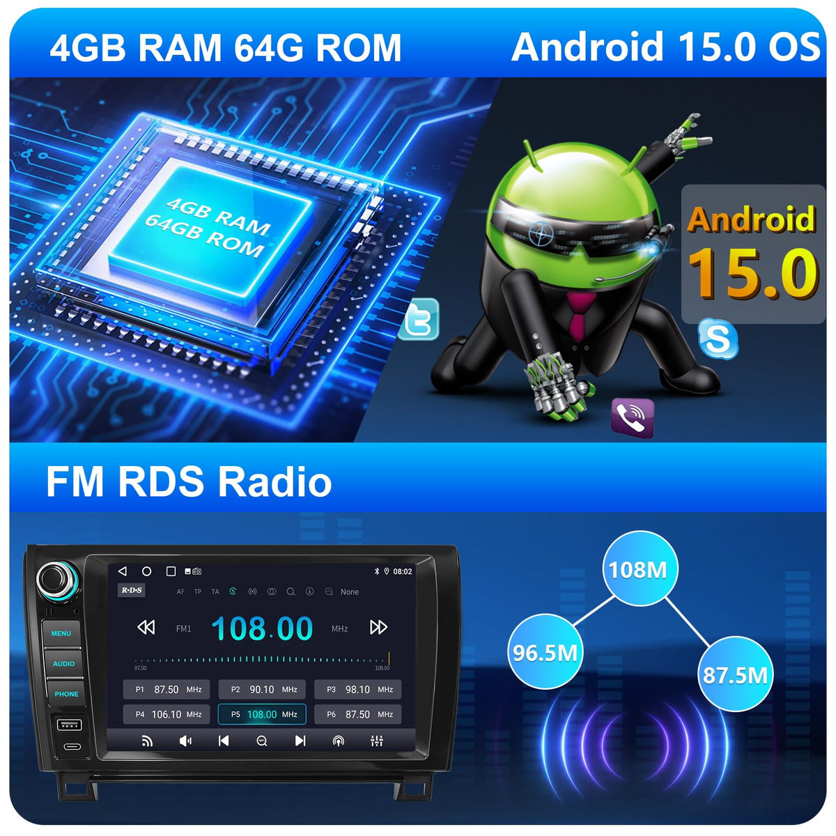 Plug&Play 4G+64G Android 15 Car Radio for Toyota Tundra 2007-2013/Sequoia 2008-2018,9 Inch Tundra/Sequoia Stereo with CarplayAndroid Auto BT/GPS/Backup Camera/Physical Knobs and Multi Touch
