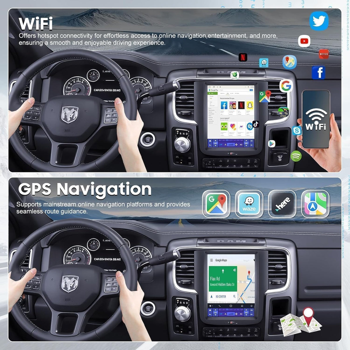 10.4" Car Radio Upgrade Dash Kit for Dodge Ram 2013-2018 1500 2500 3500,Android 13 8Core 4+64GB Wireless CarPlay Android Auto WiFi/Bluetooth5.0/GPS/DSP/SWC/1080P Rear Camera【for A/C 4-Speed Fan】