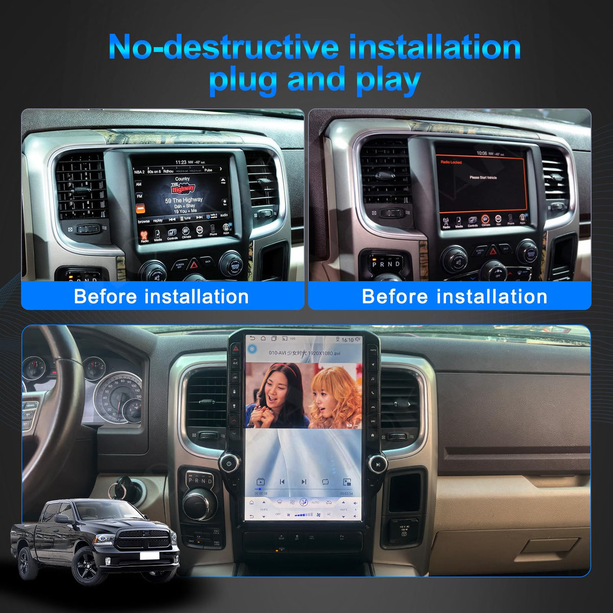 14.5 Inch Android Car Radio for Dodge RAM 1500 2500 3500 2013-2018 Truck Stereo Upgrade Tesla Style Touch Screen Carplay Android Auto GPS Navigation Head Unit (8-128GB)