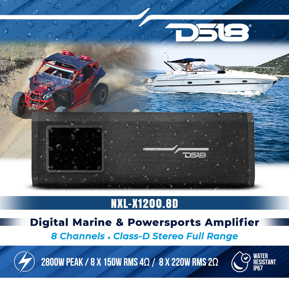DS18 NXL-X1200.8D Marine & Powersports Amplifier 8 Channel Water Resistant IP67 Full Range Class D 8-Channel Car/Marine/Powersports/Motorcycle Digital Amplifier (Renewed)