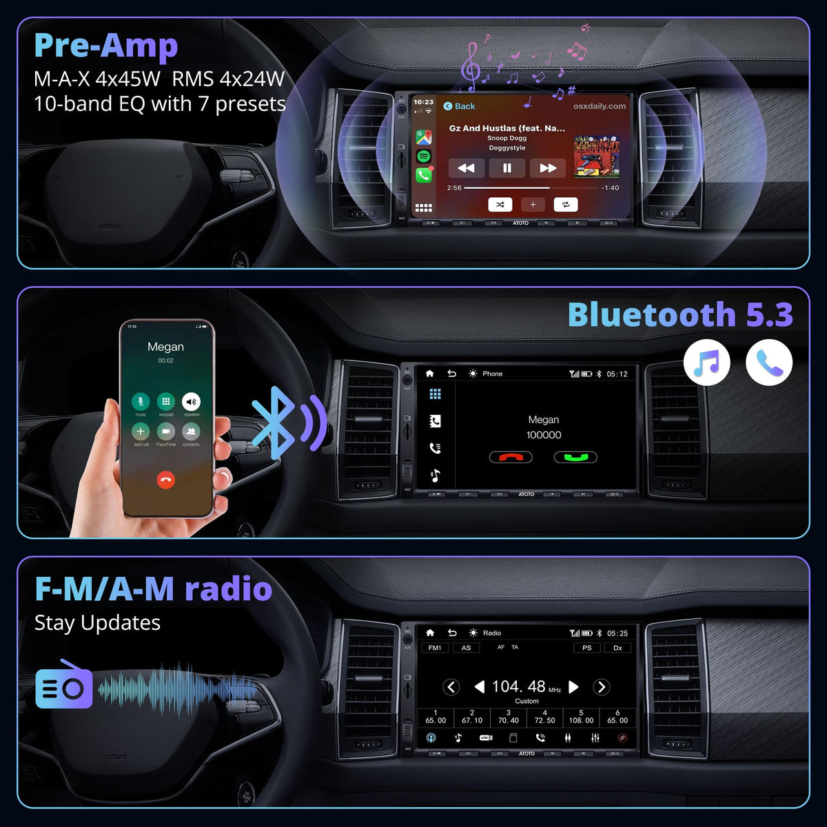 F7WE Double Din Car Stereo with Backup Camera, 7inch Wireless CarPlay Touch Screen in-Dash Video Receivers, Wireless Android Auto, Bluetooth 5.3 Car Play Radio, FM/AM/USB/AUX, MirrorLink