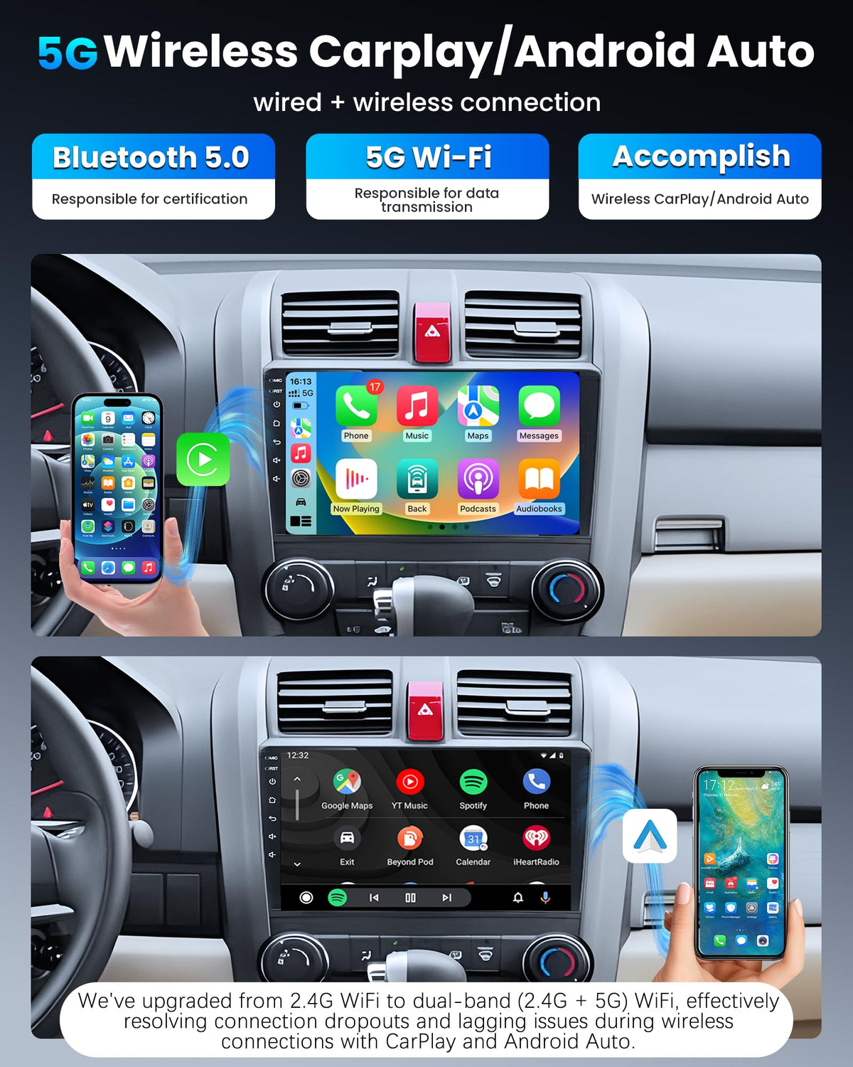 12 Core 8G+128GB Car Radio Stereo for Honda CRV 2007-2011: Upgrade 9 Inch 1280 * 800 IPS Touchscreen Stereo Wireless Carplay Android Auto 1080P Backup Camera Bluetooth GPS 5G WiFi FM SWC
