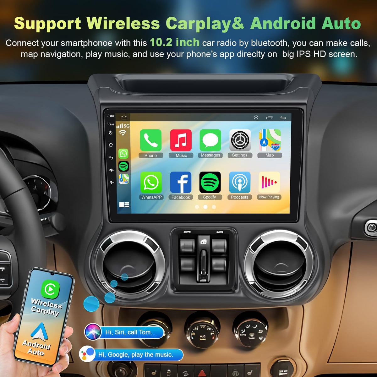 Android 13 Car Stereo for Jeep Wrangler 2011 2012 2013 2014 with Carplay and Android Auto,10.2 inch Touch Screen,Bluetooth,WiFi,GPS,FM Radio,Backup Camera,4GB+64GB
