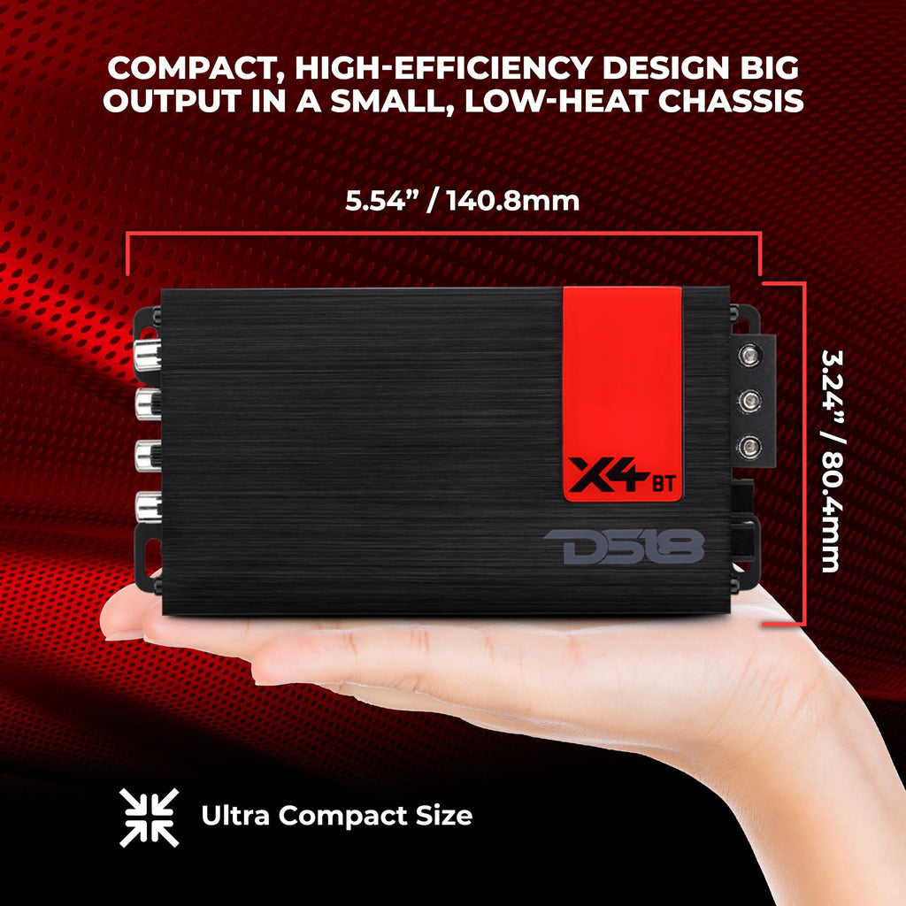 DS18 X4BT 4-Channel Bluetooth Amplifier with Bluetooth 5.1 Streaming Built-in – Ultra Compact Class D Full-Range Amp, Play Music Wirelessly from Your Phone, 4 x 70W Rms, Motorcycle & Car Audio