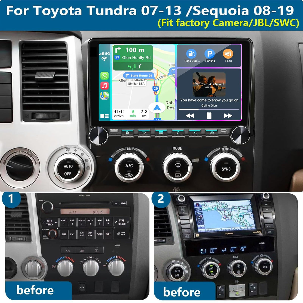 Car Radio Stereo for Toyota Tundra 2007 2008 2009 2010 2011 2012 2013 Toyota Sequoia 2008-2019, Wireless CarPlay Android Auto GPS Navi WiFi, Physical Button Volume Knob,Fit OEM Camera/SWC/JBL