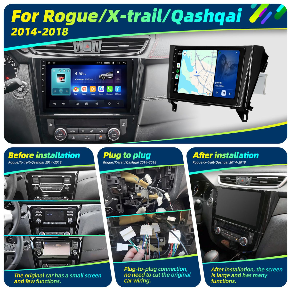 Android Radio Upgrade for Rogue X-Trail 2014-2018 Compatible with Wirelessly Carplay Android Auto Car Stereo Bluetooth Navigation TouchScreen GPS 8core 4GB RAM 64GB Head Unit Multimedia Player