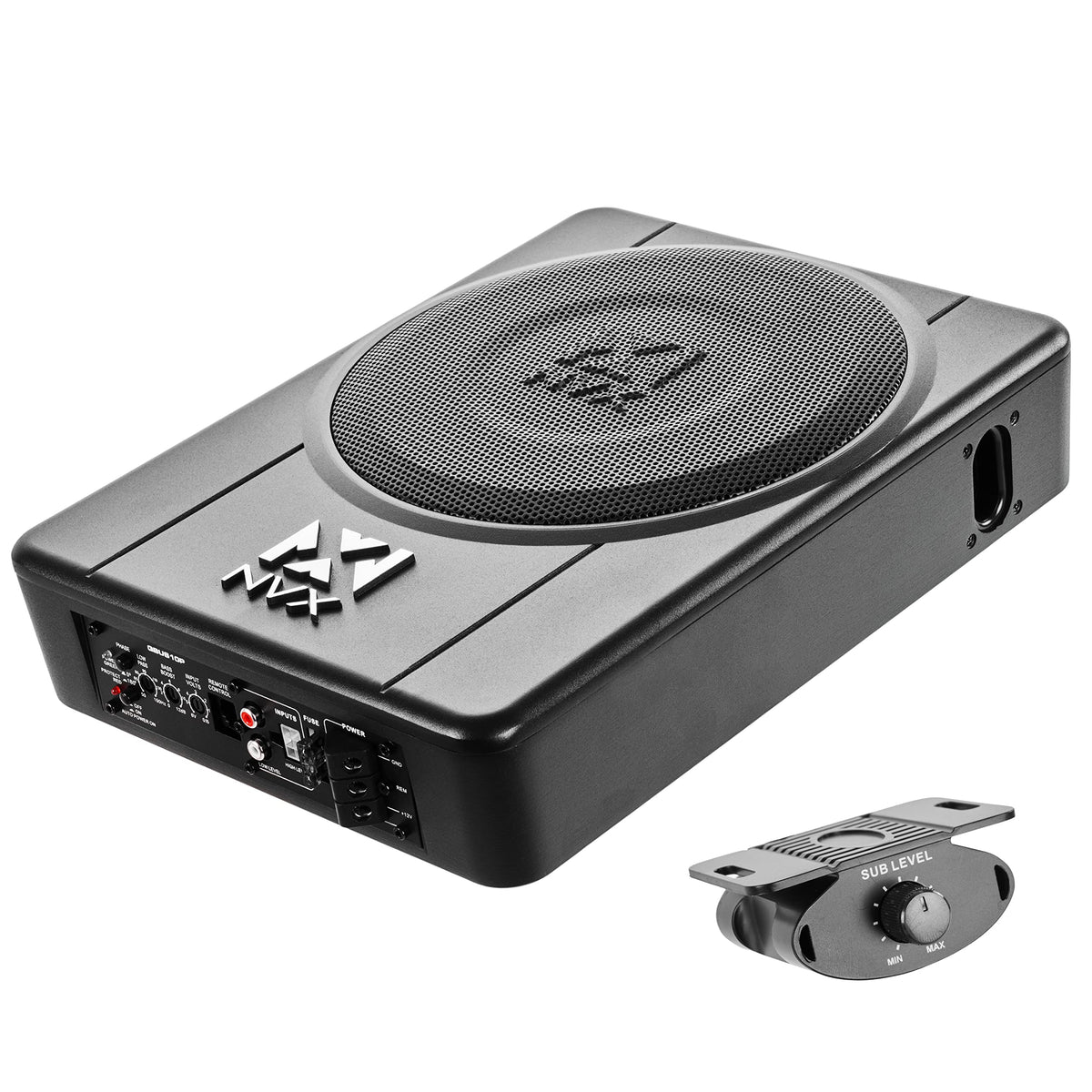 NVX QBSTA 900W Max (300W RMS) 11" Powered Spare Tire Subwoofer Box with Built-in Amp and Remote Bass Knob, Easy to Install in Cars