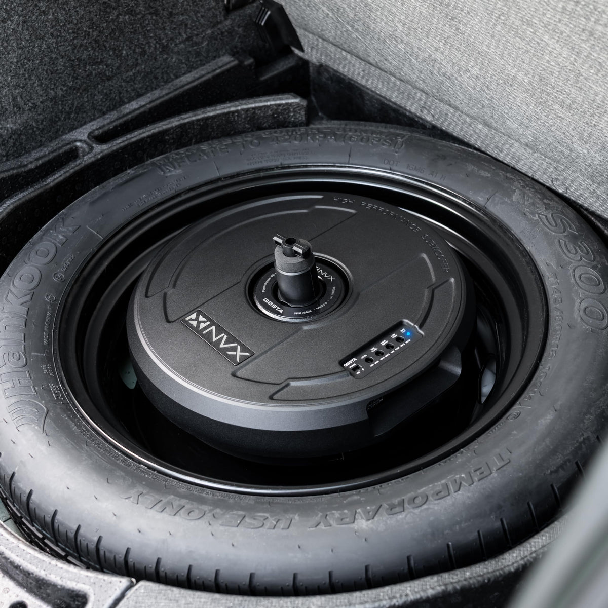 NVX QBSTA 900W Max (300W RMS) 11" Powered Spare Tire Subwoofer Box with Built-in Amp and Remote Bass Knob, Easy to Install in Cars