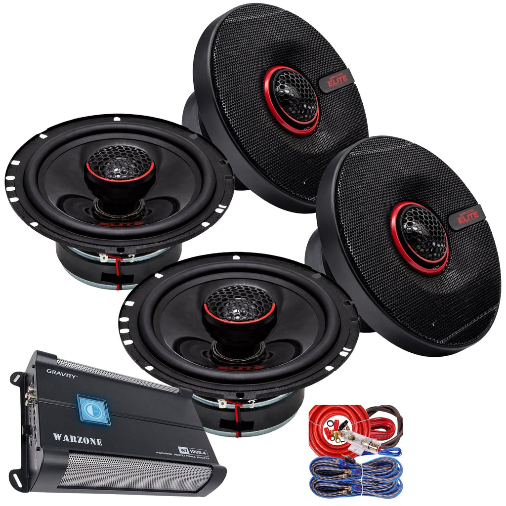 Warzone WZ-E652 6.5 Inch Coaxial Car Speakers with WZ1000-4 1000W 4-Channel Class A/B Amplifier & Gravity 4 Gauge Wiring Kit - Car, Truck, SUV, RV Audio Bundle