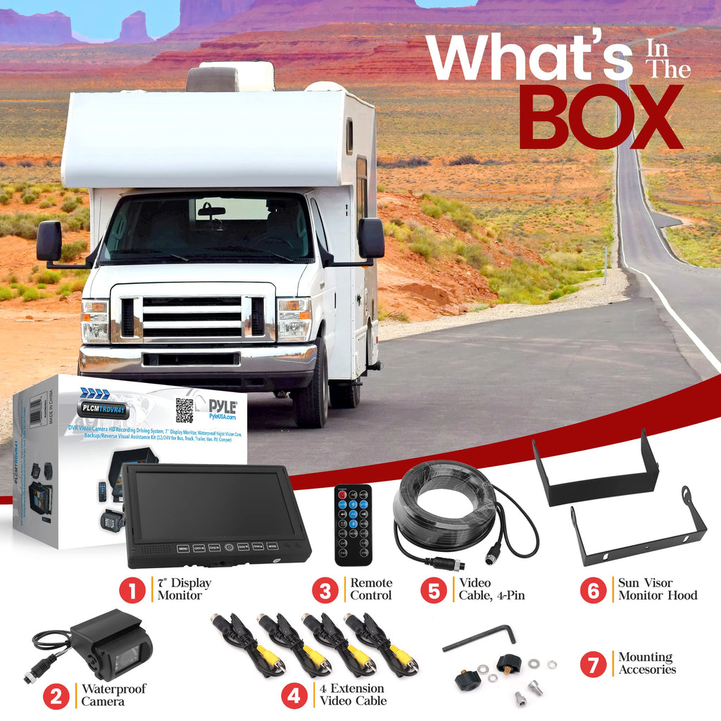 Pyle Dash Cam Recorder DVR for Trucks - 7 Inch Monitor Blackbox Rear Camera View Full Color HD 1080p Video Security Loop Camcorder - PiP Night Vision Audio Record Micro SD & Microphone - PLCMTRDVR41
