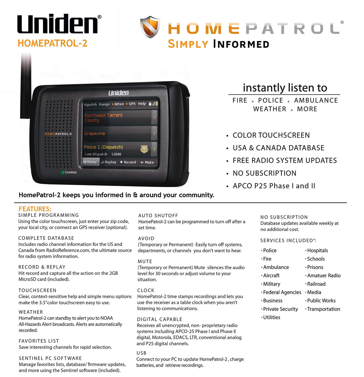 Uniden HomePatrol-2 Color Touchscreen Simple Programing Digital Scanner, TrunkTracker V and S,A,M,E, Emergency/Weather Alert, Digital Capable, APCO P25 Phase 1 and 2, Covers USA and Canada