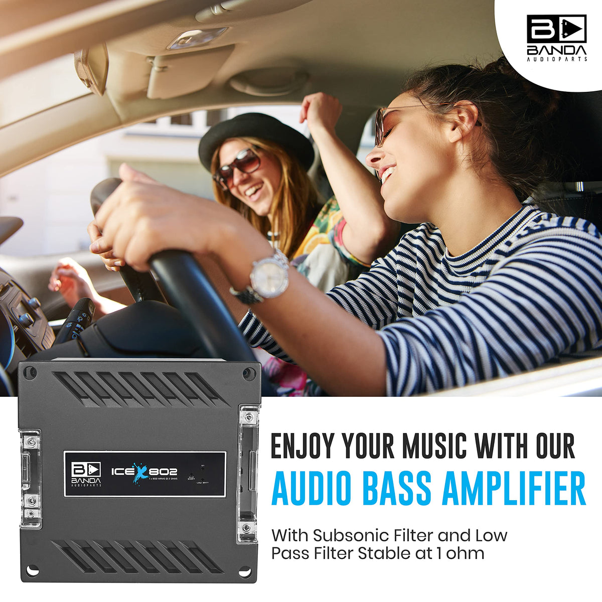 1-Channel Vehicle Audio Bass Amplifier - High-Powered Mono Bass Amplifier w/Subsonic Filter and Low Pass Filter Stable at 2 ohms, LED Indicators, Sound Specialization - BANDA ICEX802