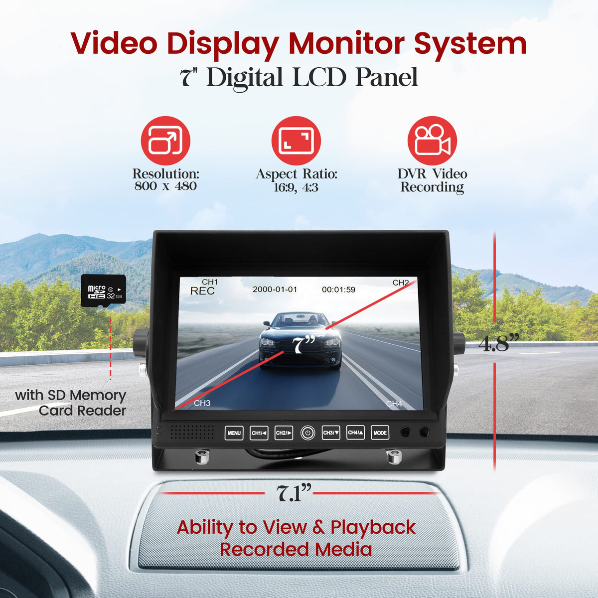 Pyle Dash Cam Recorder DVR for Trucks - 7 Inch Monitor Blackbox Rear Camera View Full Color HD 1080p Video Security Loop Camcorder - PiP Night Vision Audio Record Micro SD & Microphone - PLCMTRDVR41